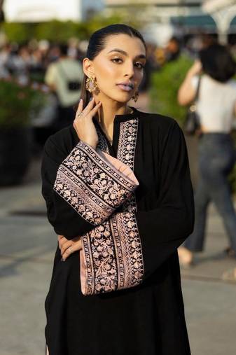 Black cotton poly thread embroidery palazzo set
