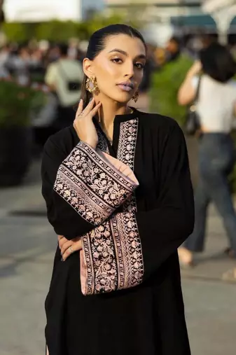 Black cotton poly thread embroidery palazzo set
