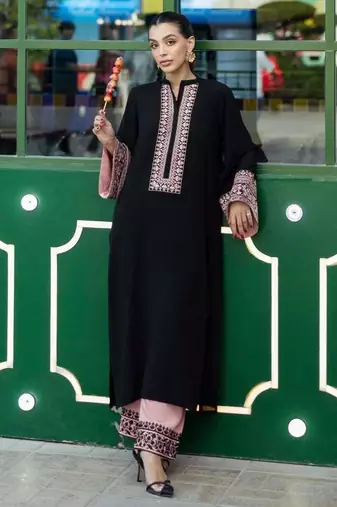 Black cotton poly thread embroidery palazzo set