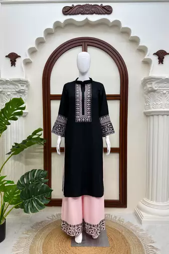 Black cotton poly thread embroidery palazzo set