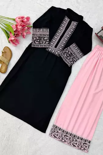 Black cotton poly thread embroidery palazzo set