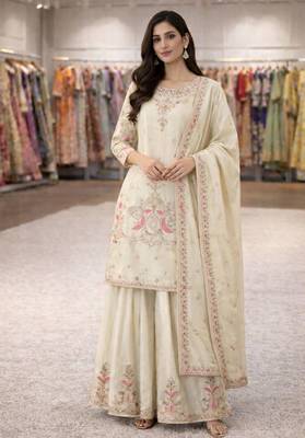 Cream silk blend embroidered palazzo set 1