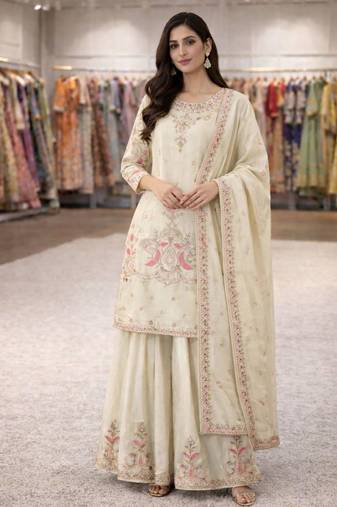 Cream silk blend embroidered palazzo set