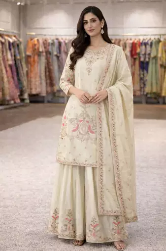 Cream silk blend embroidered palazzo set