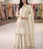 Cream silk blend embroidered palazzo set