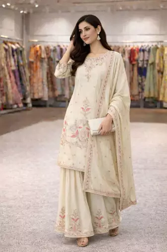 Cream silk blend embroidered palazzo set