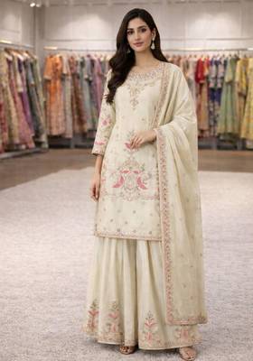 Cream silk blend embroidered palazzo set 3
