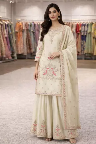 Cream silk blend embroidered palazzo set