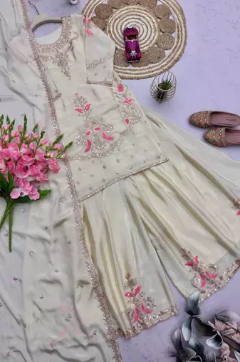 Cream silk blend embroidered palazzo set
