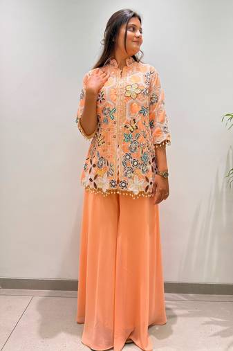 Peach georgette embroidered palazzo set