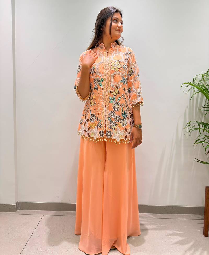 Peach georgette embroidered palazzo set