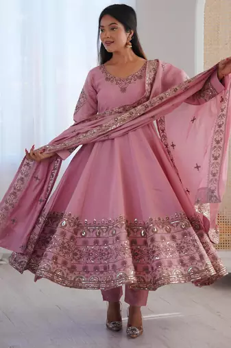 Pink silk blend embroidered flared gown set
