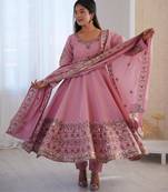 Pink silk blend embroidered flared gown set
