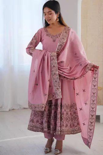Pink silk blend embroidered flared gown set