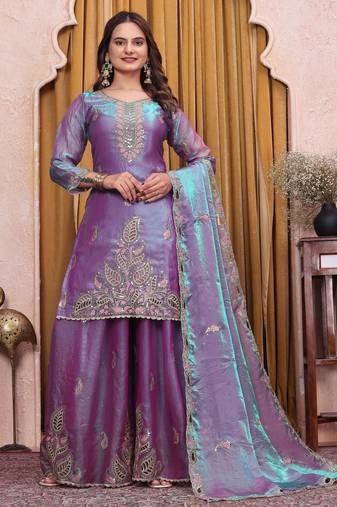 Purple silk blend embroidered sharara set