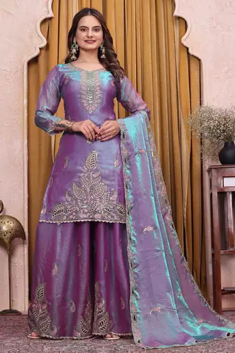Purple silk blend embroidered sharara set