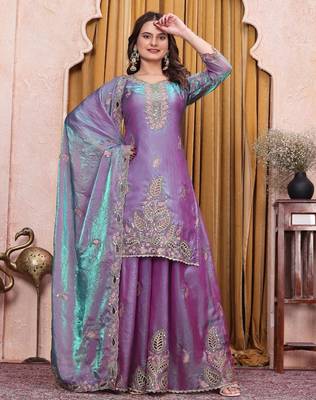 Purple silk blend embroidered sharara set 2