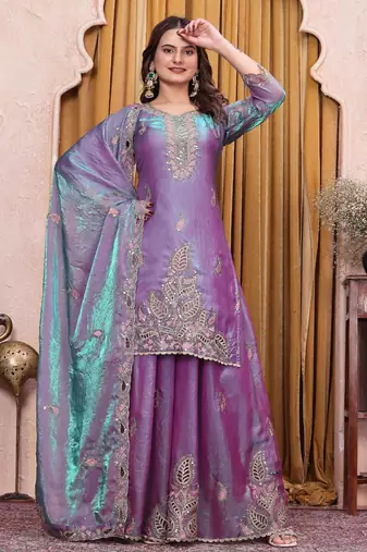 Purple silk blend embroidered sharara set