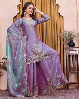 Purple silk blend embroidered sharara set 3
