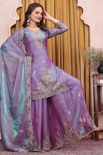 Purple silk blend embroidered sharara set
