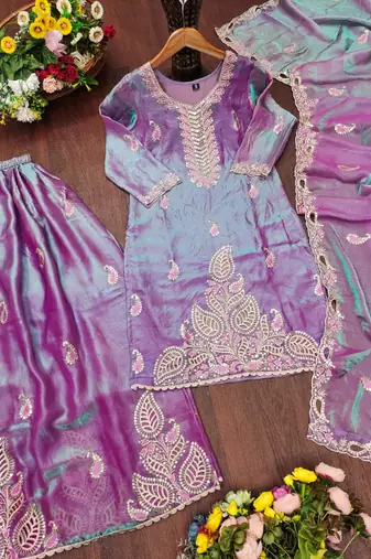 Purple silk blend embroidered sharara set