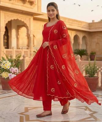 Red georgette embroidered flared gown set 1