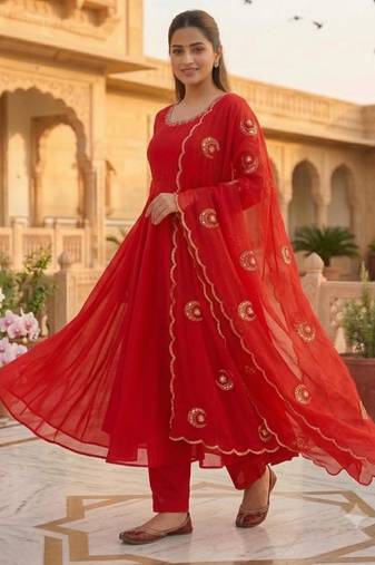 Red georgette embroidered flared gown set