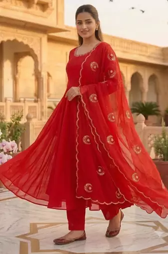 Red georgette embroidered flared gown set