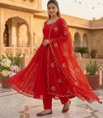 Red georgette embroidered flared gown set