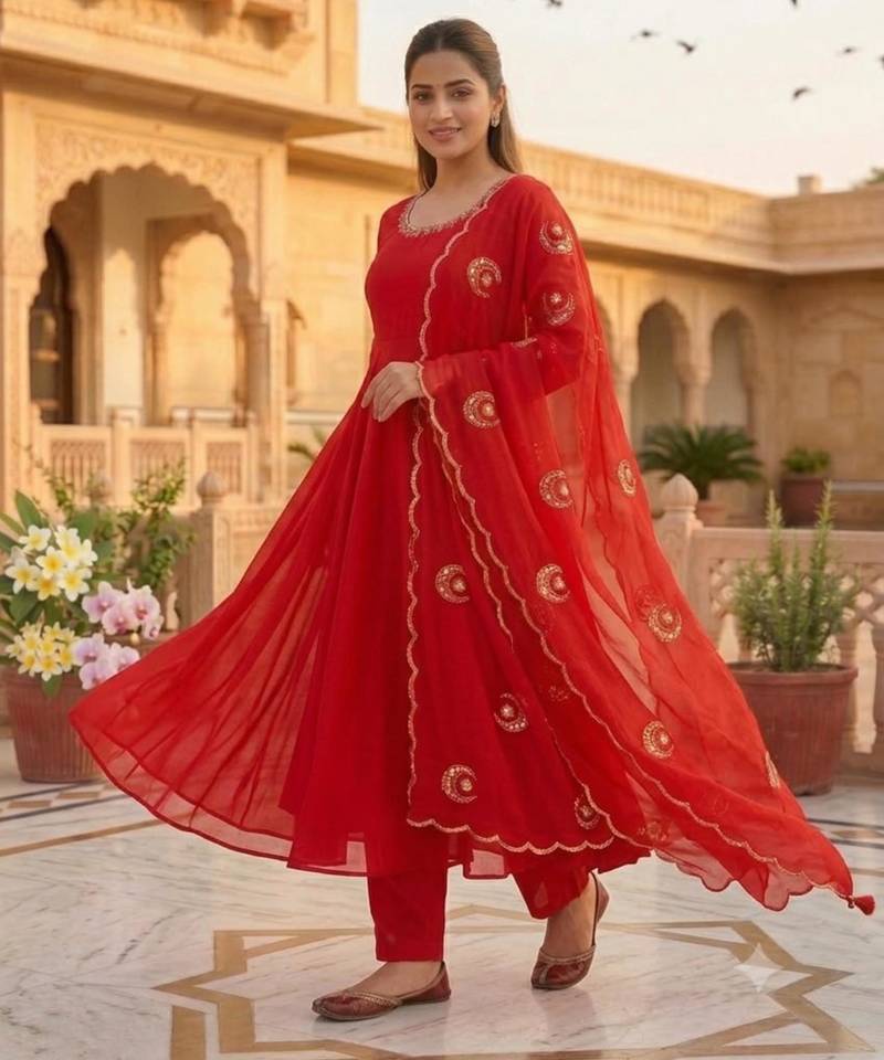 Red georgette embroidered flared gown set