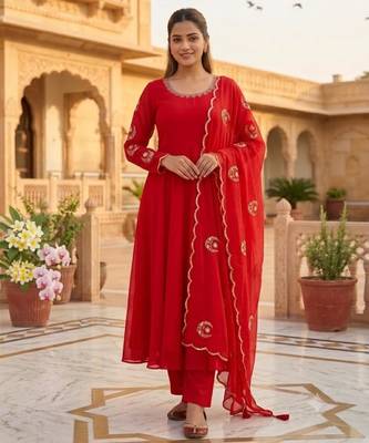 Red georgette embroidered flared gown set 2