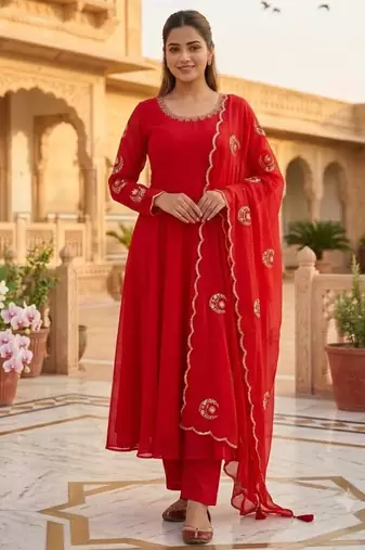 Red georgette embroidered flared gown set