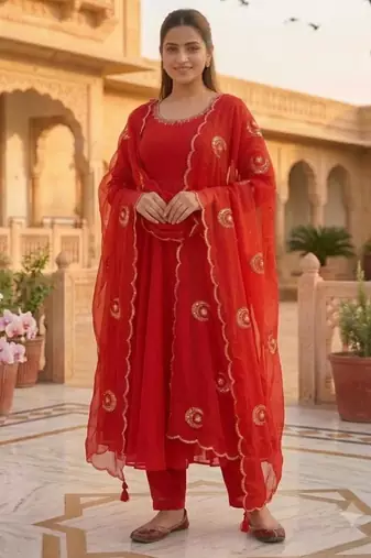 Red georgette embroidered flared gown set
