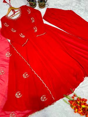 Red georgette embroidered flared gown set 4
