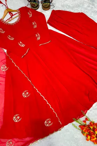 Red georgette embroidered flared gown set