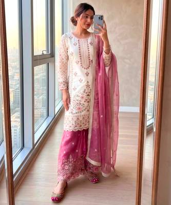 White silk blend embroidered palazzo set 1