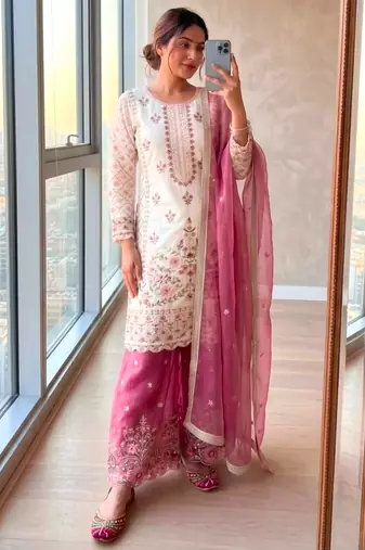 White silk blend embroidered palazzo set