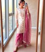 White silk blend embroidered palazzo set
