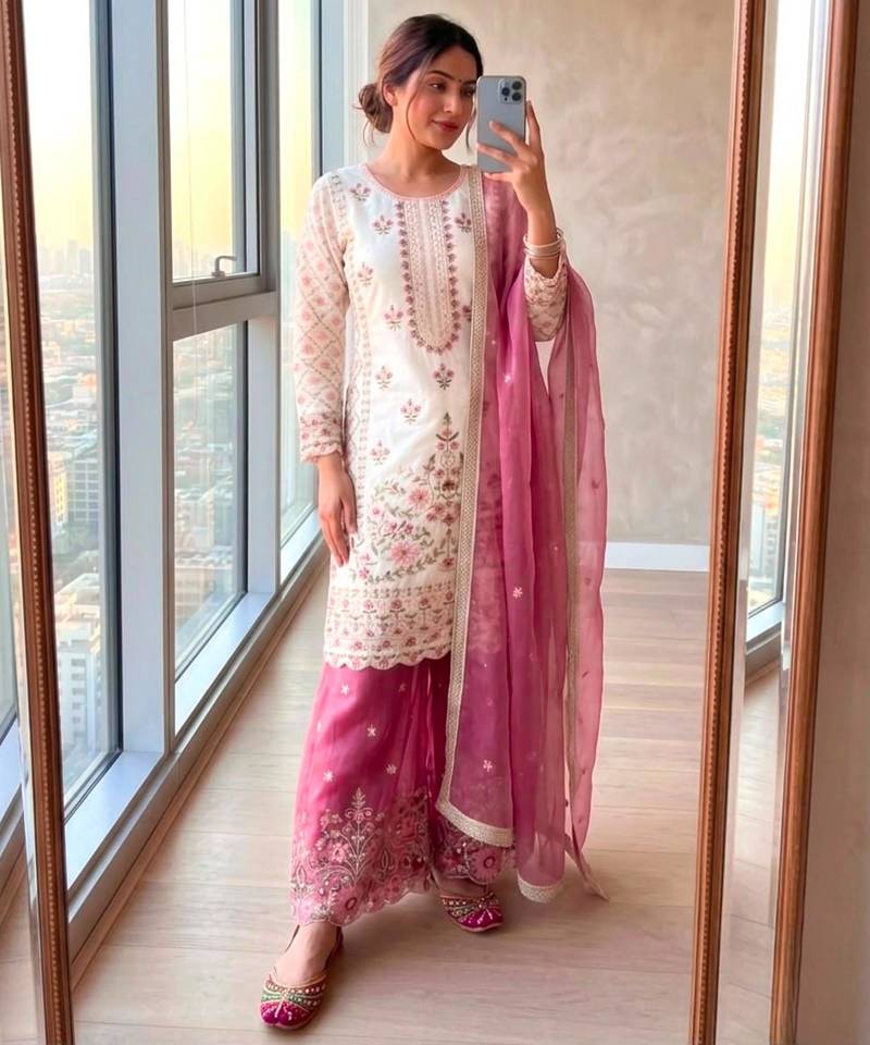White silk blend embroidered palazzo set