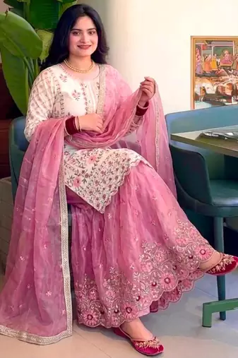 White silk blend embroidered palazzo set