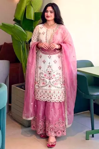 White silk blend embroidered palazzo set