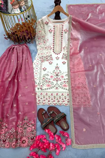 White silk blend embroidered palazzo set