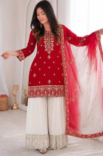 Red silk blend embroidered palazzo set