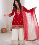 Red silk blend embroidered palazzo set