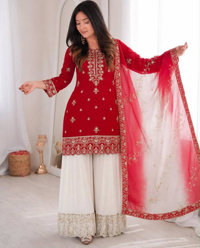 Red silk blend embroidered palazzo set