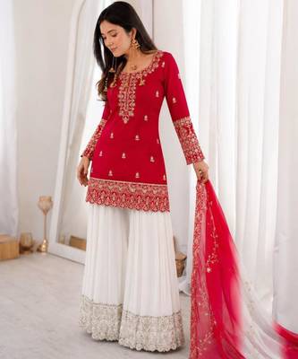 Red silk blend embroidered palazzo set 2