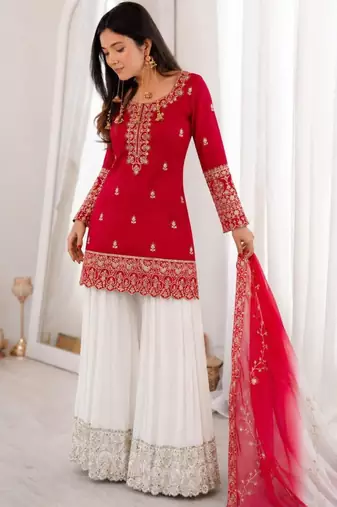 Red silk blend embroidered palazzo set