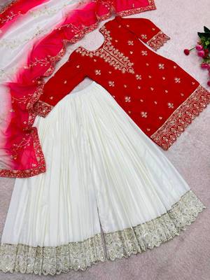 Red silk blend embroidered palazzo set 4