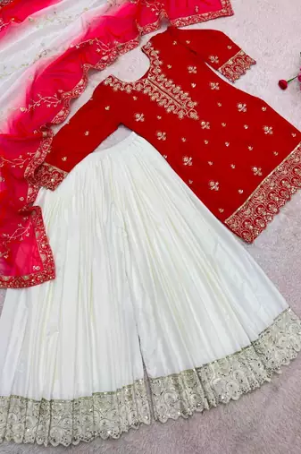 Red silk blend embroidered palazzo set