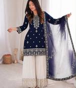 Navy-blue silk blend embroidered palazzo set